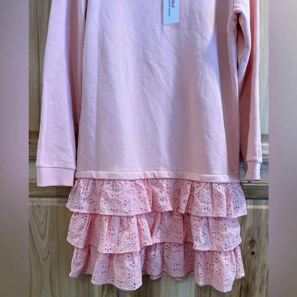 NWT Vineyard Vines Girls Pink Long Sleeve Tired Eyelet Ruffle Dress Size 16